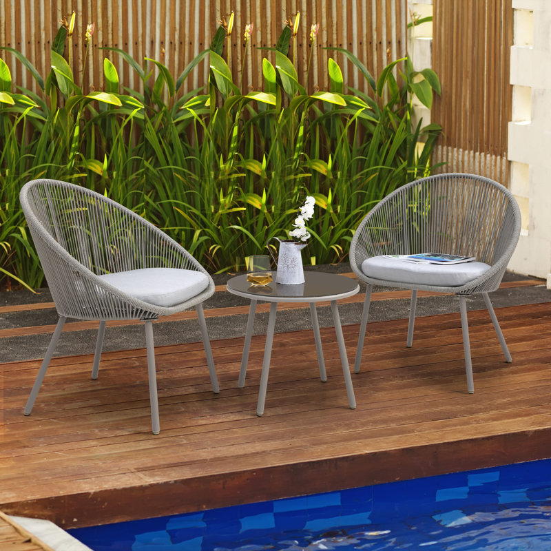 Kulp 3-Piece Patio Bistro Set, Outdoor Conversation Chair Set Balcony with Tempered Glass Coffee Table and Cushions, Water-Resistant Woven Rope for Poolside