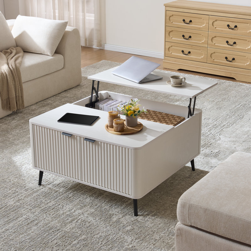 Veronica Brottman Lift Top Coffee Table with Hidden Storage, 35.4" Square Fluted Center Table, Mid-Century Modern Design, Grey