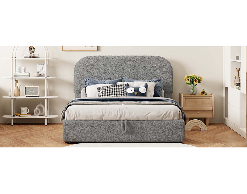 Lit plateforme tapissier Teddy, Gris, Lit double