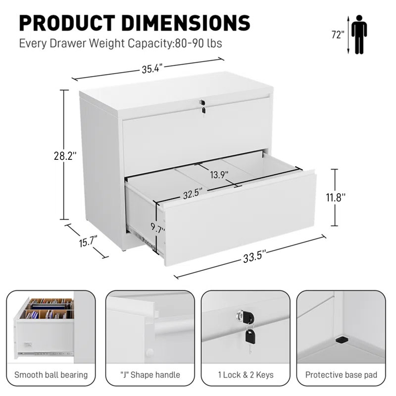 Ahanu 35.4'' Wide 2 -Drawer Steel File Cabinet, White