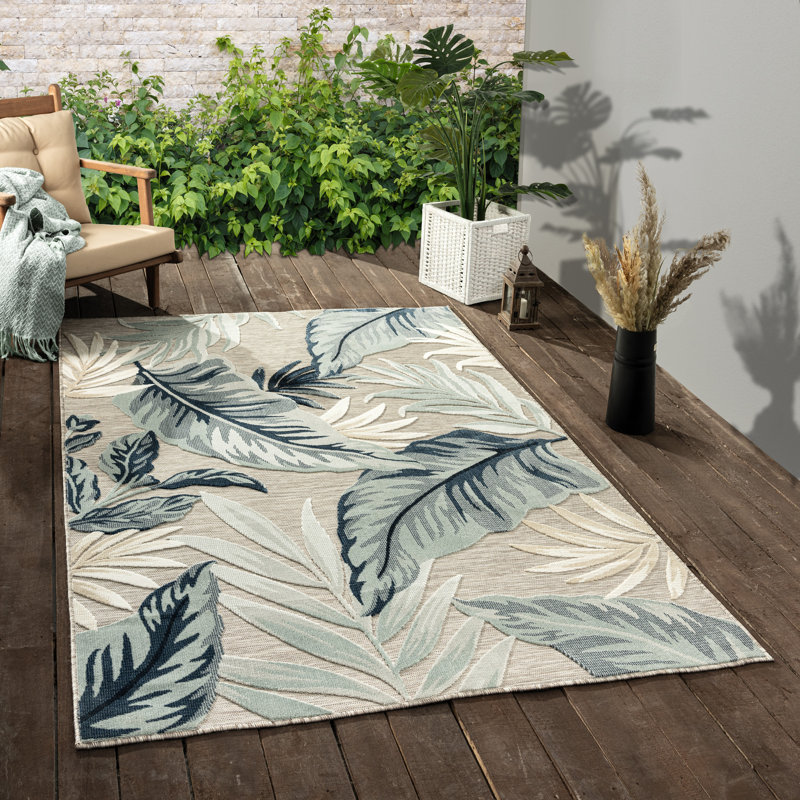 Botanical Hi-Low Contemporary Blue Taupe Power Loomed Indoor/Outdoor Area Rug, Rectangle 5' x 7'