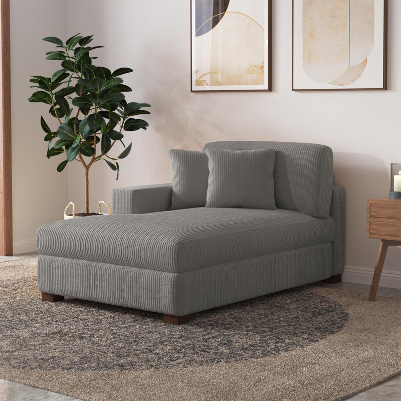 Milbrey Oversized Upholstered Light Gray Corduroy Chaise Lounge with Armrests & Throw Pillows, Light Gray, Left Hand Facing