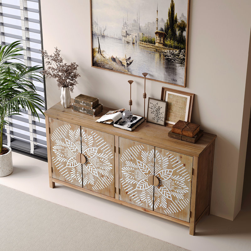 Buffet, moderne antique, bois, 60 po, 4 portes, décor avec portes, garde-manger brun et blanc, média, console