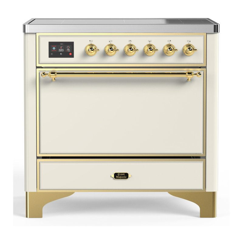 Cuisinière à induction 36 pouces avec 6 éléments à induction en blanc antique Majestic III Series (garniture laiton), Laiton