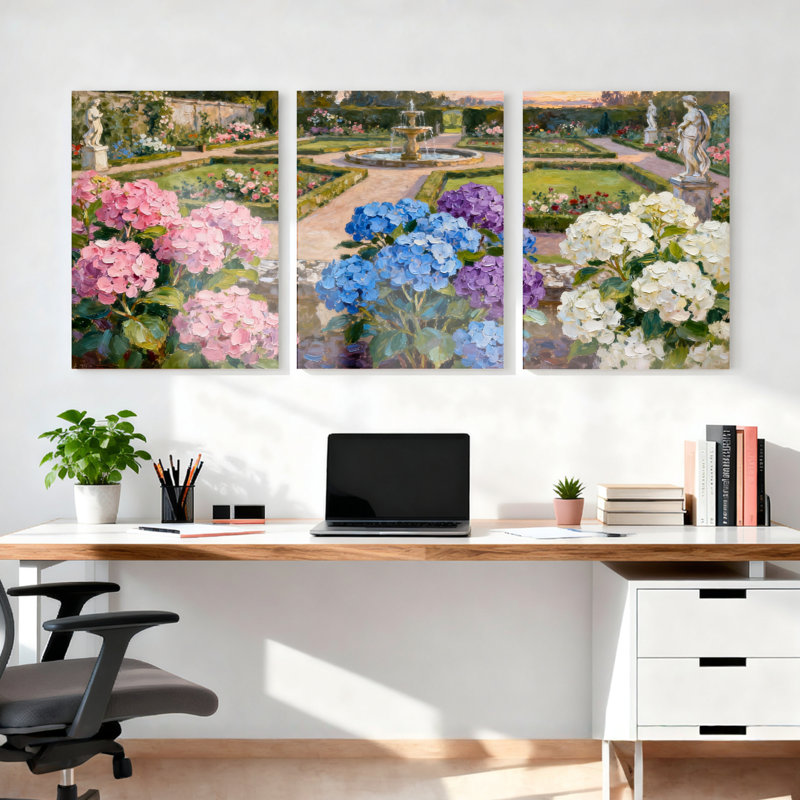 Hortensia jardin, reproduction d'art sur toile tendue sur toile, ensemble de 3, H 24 po x l 48 po