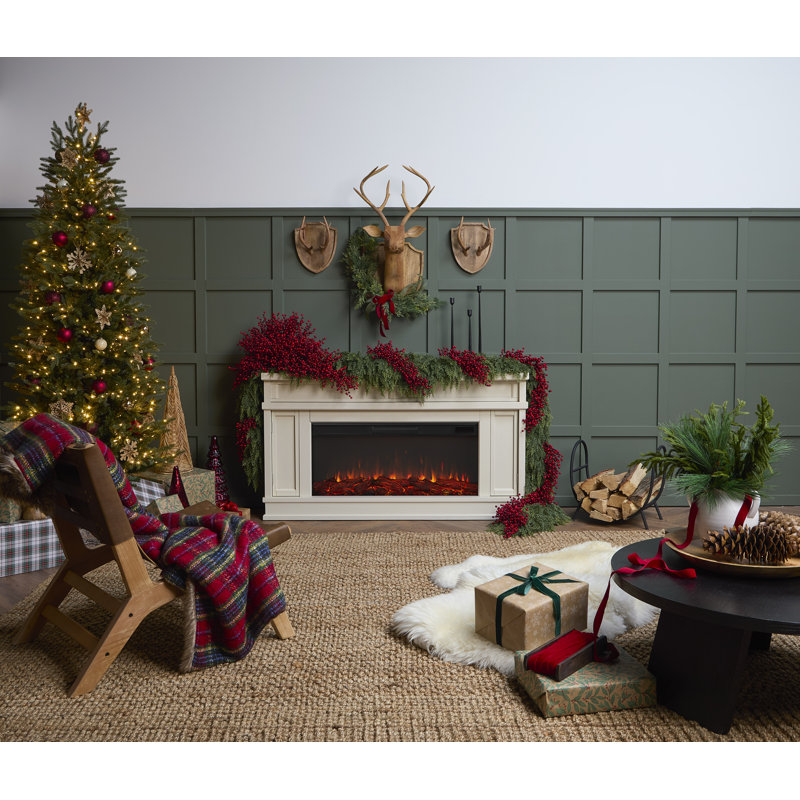 Bone White Electric Fireplace TV Stand with Cabinet