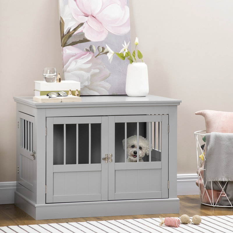 Petite cage pour chien, avec une construction solide, un chenil en bois gris comme table de bout, pour les chiens