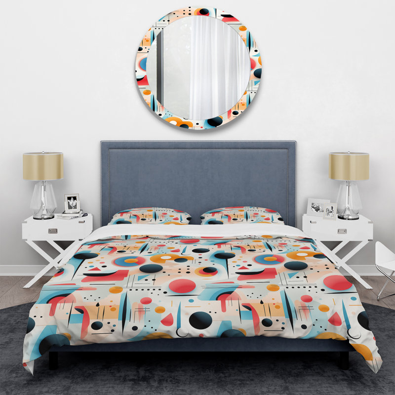 Ensemble de housse de couette à motif géométrique rose et bleu Mid-Century, Housse de couette simple + 1 taie décorative stan