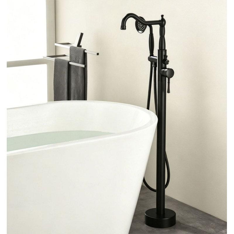 Robinet de baignoire autoportant à fixation au sol avec douche à main, Noir mat