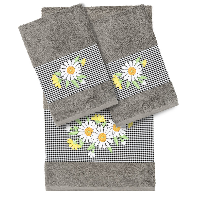 100% Turkish Cotton Daisy 3 Piece Embellished Towel Set, Dark Gray