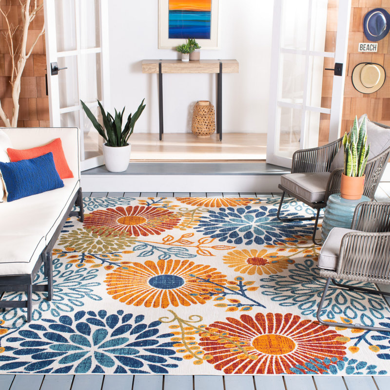 Tapis d'intérieur / extérieur floral Kellems Performance, Rectangle 9 pi x 12 pi, Blue/Orange/Cream