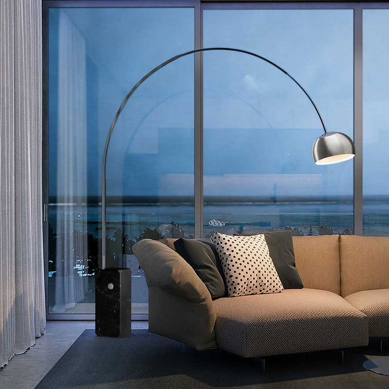 95" Mammoth Arched LED Floor Lamp, Adjustable Shade Overhead Lighting, Satin Nickel Finish, Marble Block Base (Black or White), Modern Arc Floor Lamp for Living Room