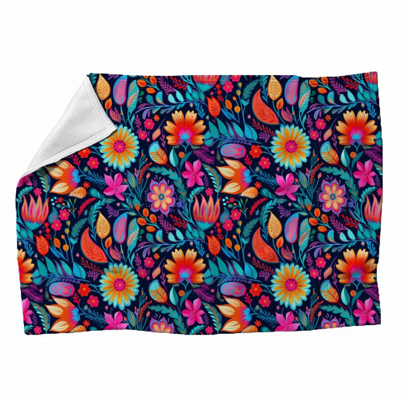 Machine Printed Throw Blanket, Throw, Floral, Teal/Red/Yellow