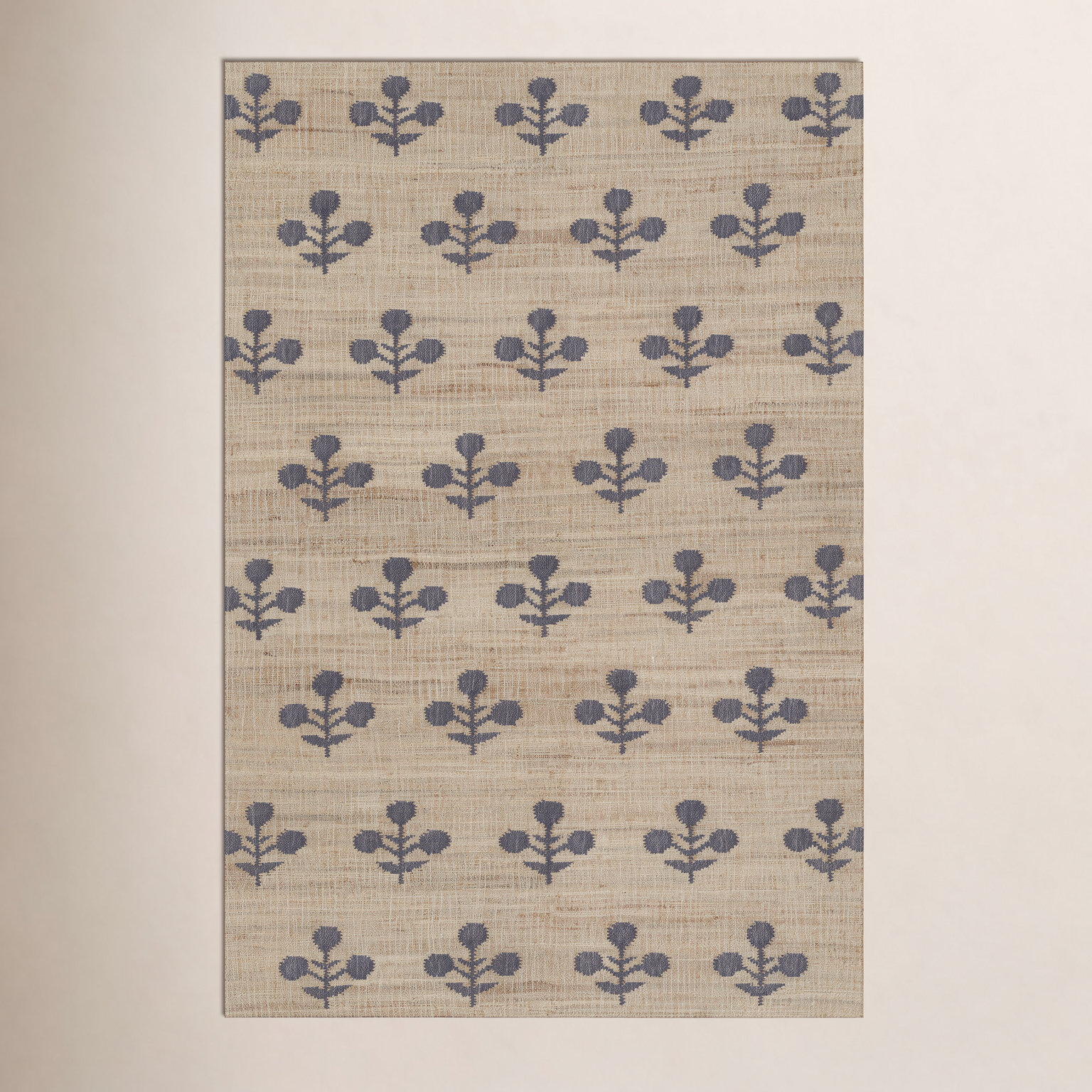 Orchard Blue Hand-Woven Block Print Jute Rug, Rectangle 5' x 8'