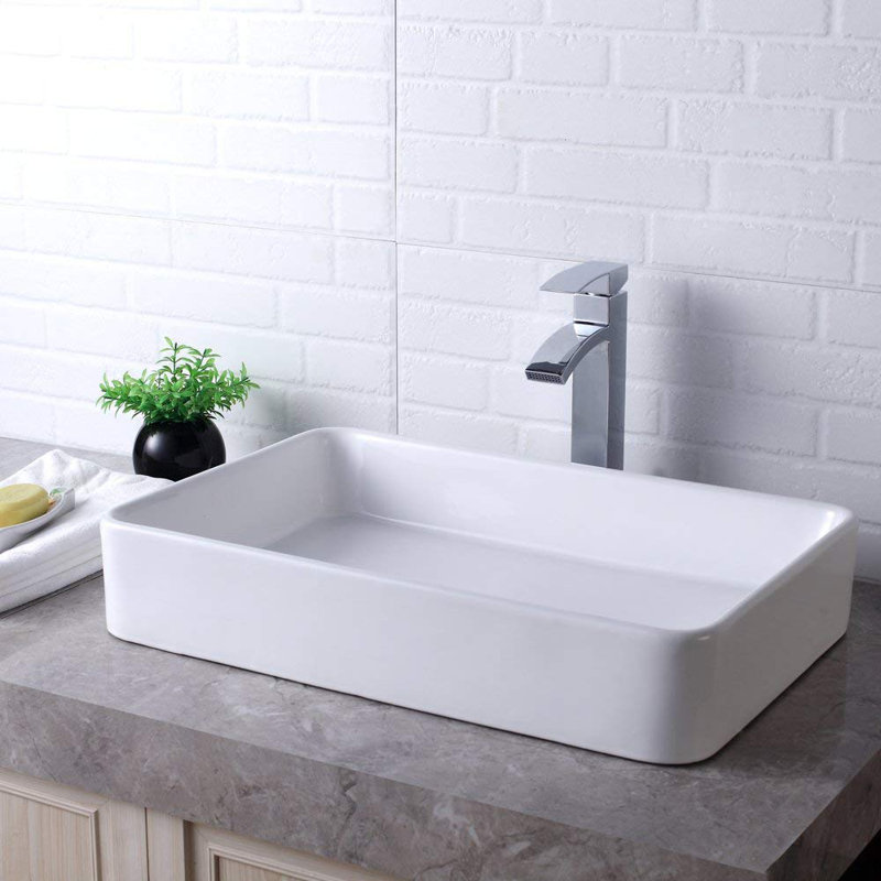 24" White Ceramic Rectangular Above-Counter Vessel Sink