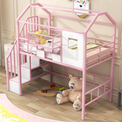 Lit mezzanine en métal avec toit et boîte de rangement, simple, rose