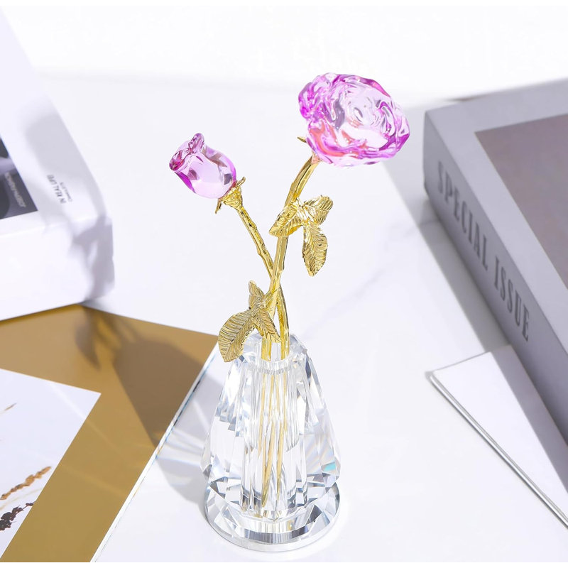 Figurine fleur en cristal avec vase à facettes, sculpture florale à deux fleurs pour table, tablette et bureau, Mauve