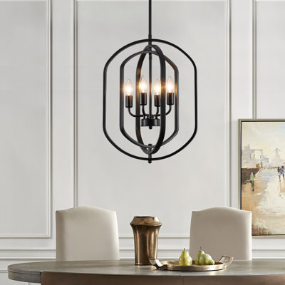 4-Light 16 in. Black Modern Geometric Chandelier Adjustable Lantern Pendant Light Fixture for Dining Room