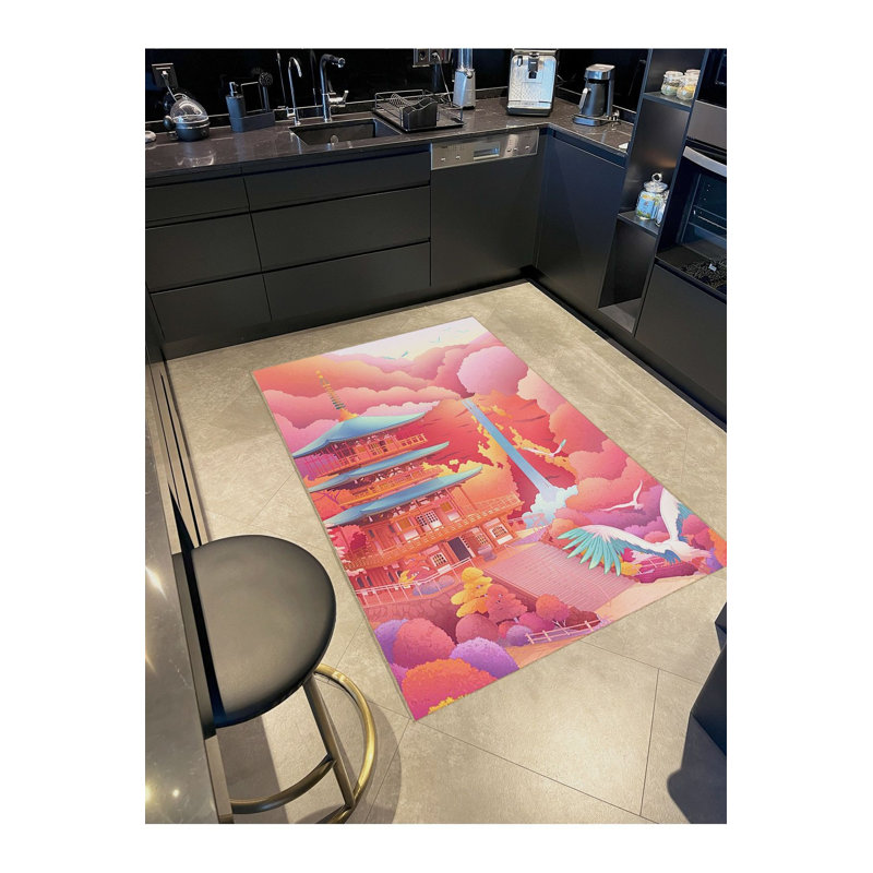Tapis multicolore à motif tissé à motif de pagode japonaise moderne lavable à la machine, Rectangle 3 pi 3 po x 4 pi 11 po