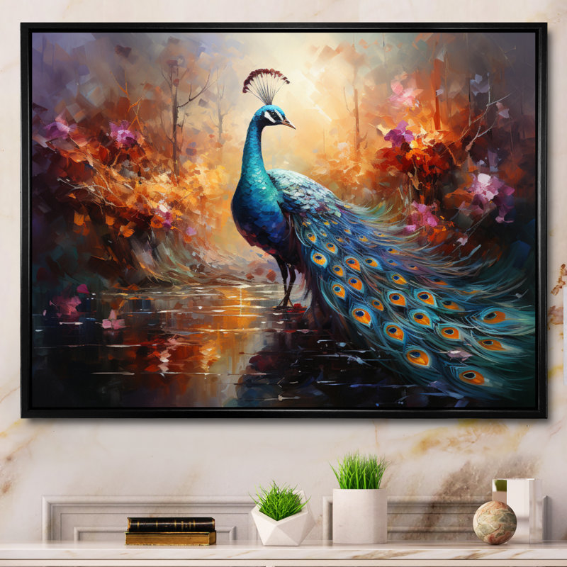 «Peacock Expressionist Portrait II», art mural sur toile paon, Cadre flottant noir, H 12 po x l 20 po x P 1 po