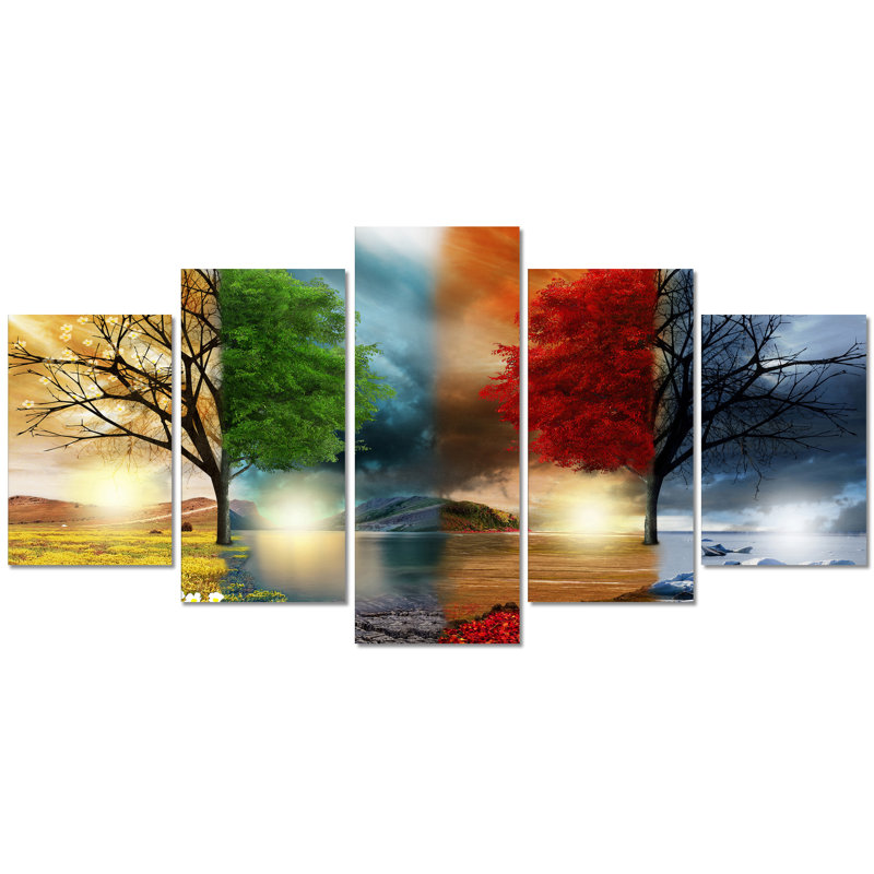 Landscape Four Stations Of The Year Red Trees - 5 Piece No Frame Print on Canvas, 100cm H x 200cm W