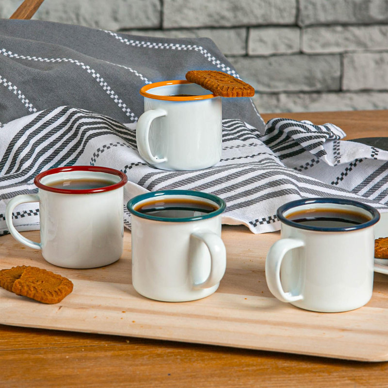 Argon Tableware - White Enamel Espresso Cups, White/Red, 12