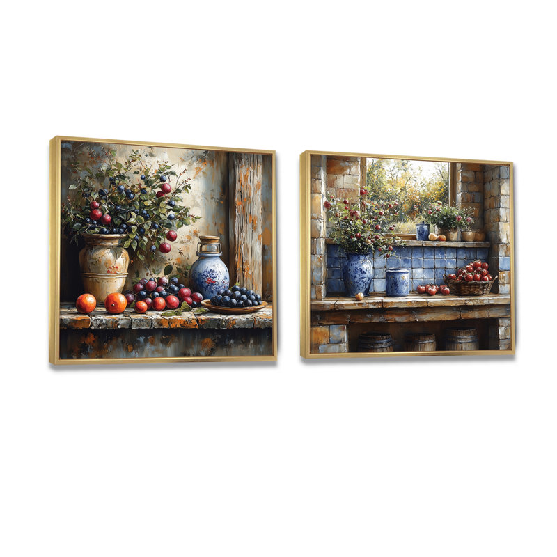 Farm Kitchen Earthy Delights I - Art mural de cuisine - Toile d'art murale traditionnelle 2 pièces, 16" H x 33" W, Doré