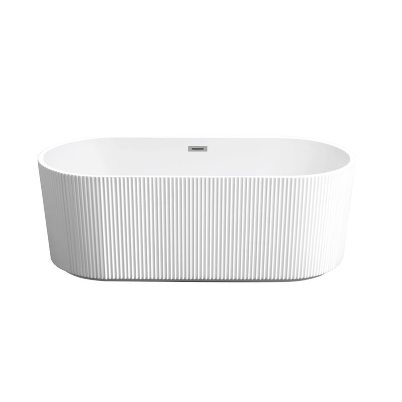 Baignoire de trempage autoportante linéaire en acrylique de 59 pouces en acrylique blanc brillant avec bonde escamotable en chrome.