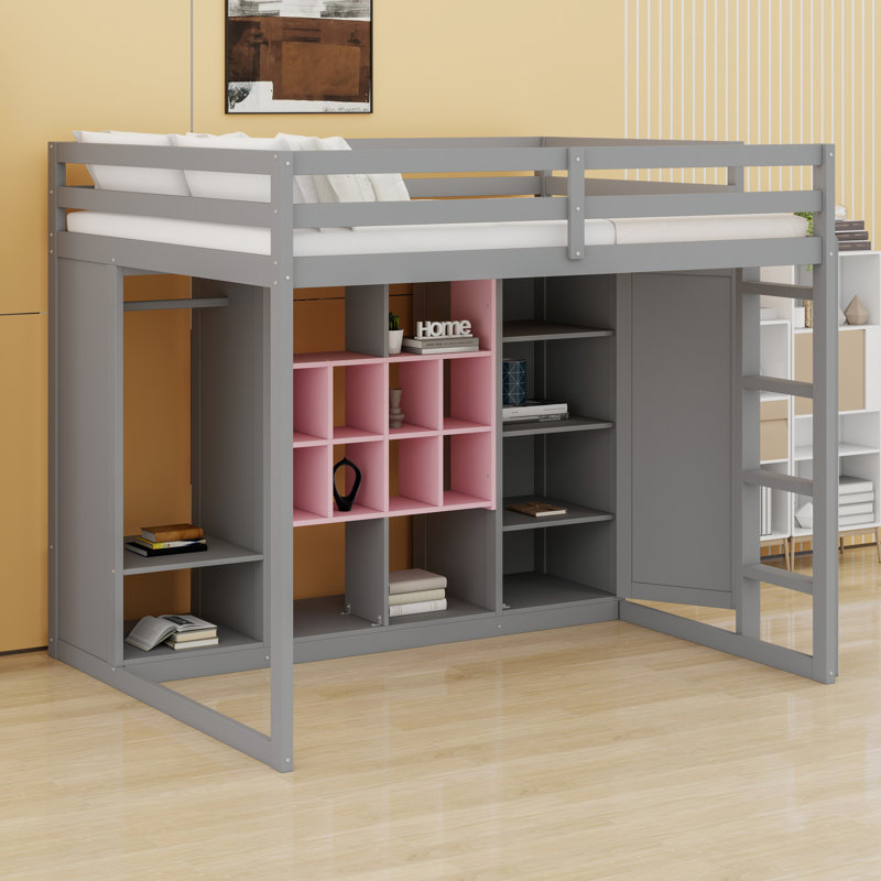 Structure de lit mezzanine moderne en bois massif avec échelle, tablettes et garde-robe, Rose / Gris, Lit double