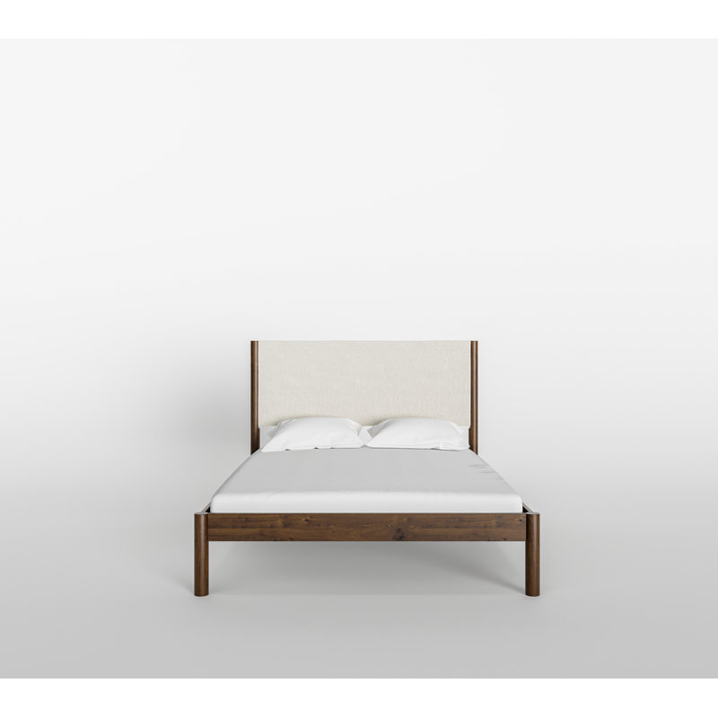 Structure de lit en bois massif Ardin avec tête de lit tapissier crème, Grand lit, Noyer