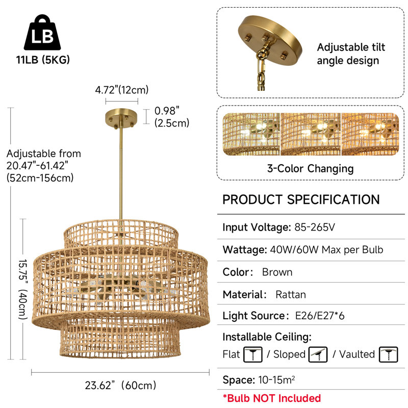 Boho Rattan Chandelier Light Fixture
