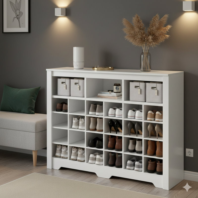 Élégante console de rangement à 24 casiers, armoire à chaussures moderne avec base incurvée, buffet polyvalent de haute qualité pour les couloirs, les chambres à coucher, les salons et la finition blanche