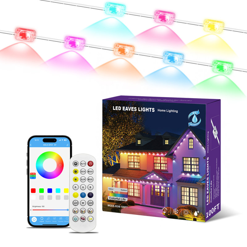 Permanent Smart Outdoor Eave Lighting System - 100ft LED RGB String Lights with 50+ Dynamic Scenes & IP68 Waterproof Design