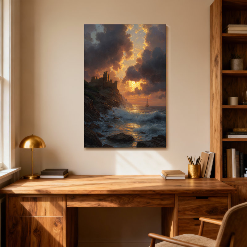 Paysage, nature, coucher de soleil, château, vagues de la mer, ciel, nuages, bateau, roches, H 40 po x l 28 po