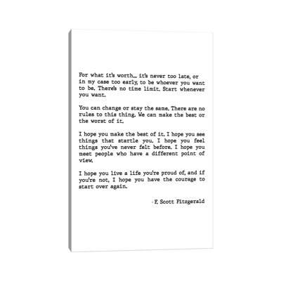 " For What It's Worth Scott Fitzgerald Quote " Textual Art Print
