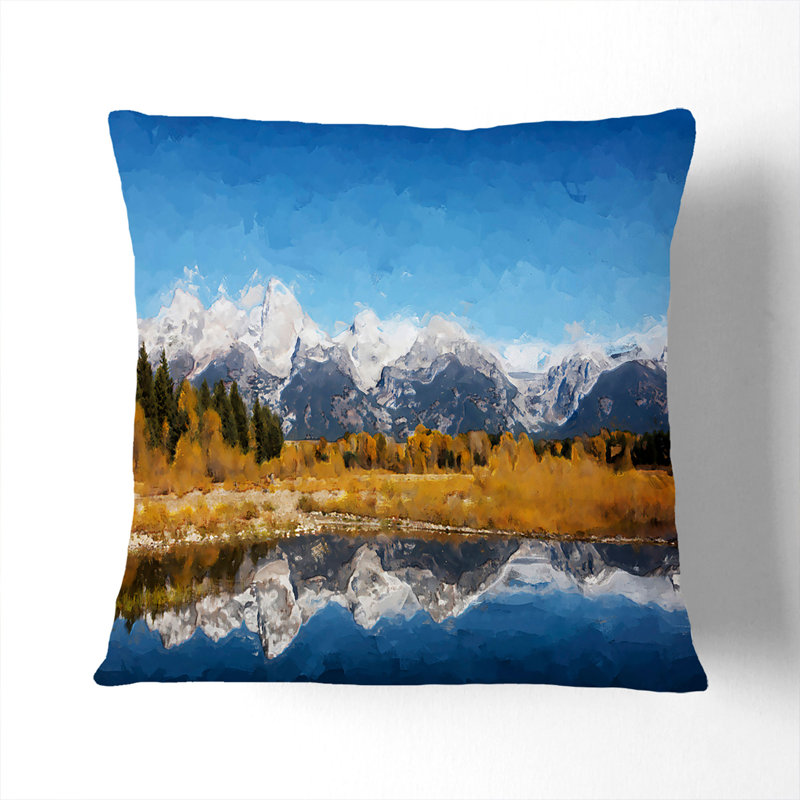 The Teton Mountain Range Cushion with Filling, 55cm H x 55cm W x 20cm D, Blue/Yellow/Satin