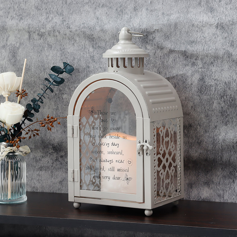 11.22'' H Metal Tabletop Lantern with Candle Included, Gray
