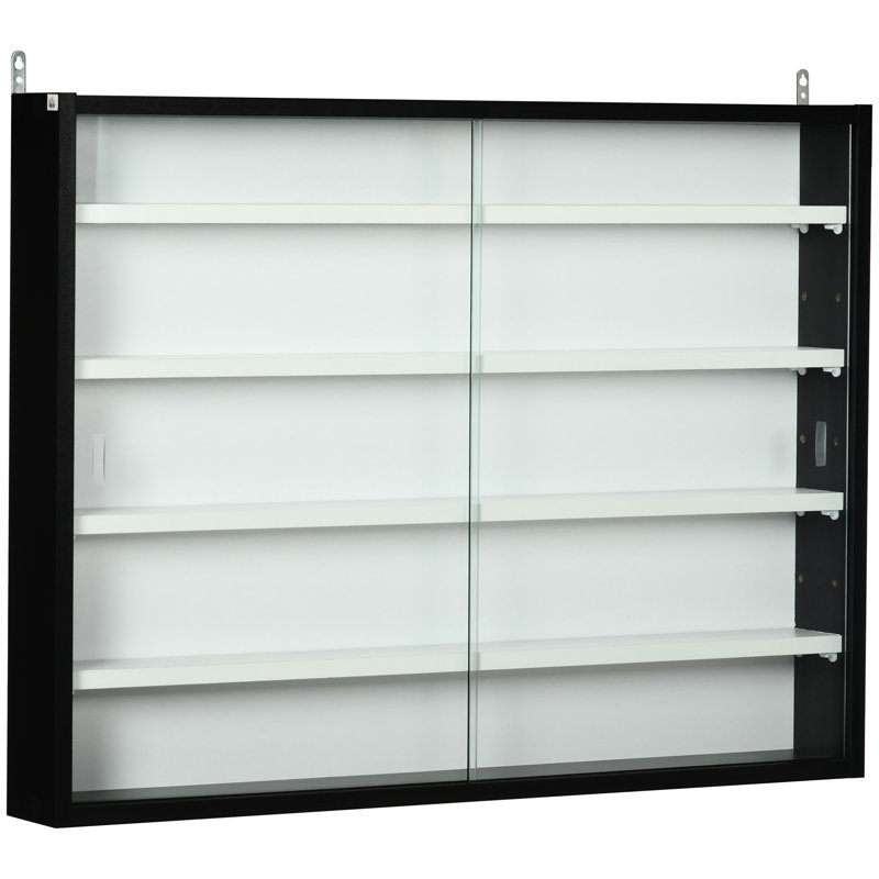 Vitrine à 5 niveaux, vitrine en verre avec 2 portes et tablettes réglables, fixation murale, noir, blanc
