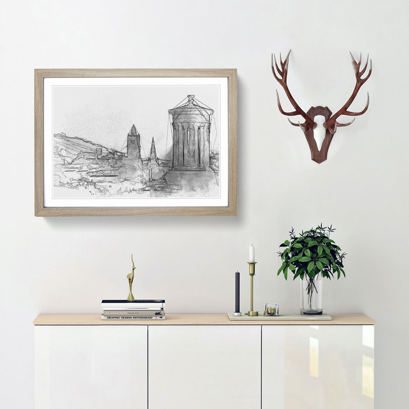 View of Edinburgh Skyline in Abstract - Picture Frame Graphic Art Print, Oak, 60cm H x 91cm W x 2cm D