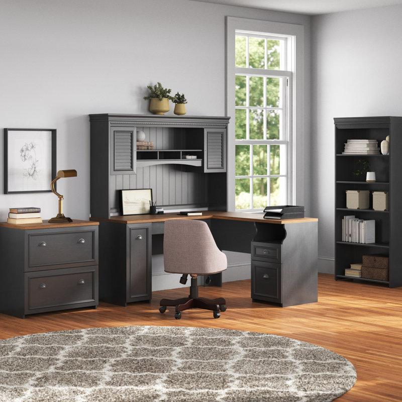 Huckins 5 Piece Computer Desk Office Set with Hutch Bookcase, Antique Black