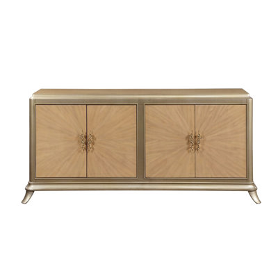 4 Doors Wooden Console Cabinet In Natural Oak And Taupe Champaign Finish