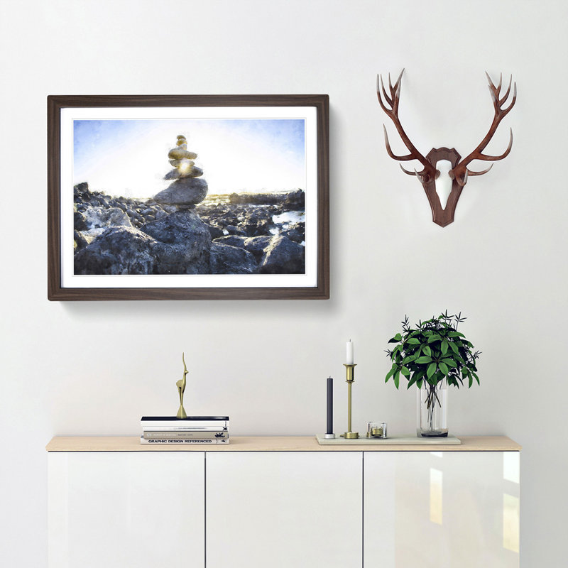Rock Cairns with Sunlight - Framed Print, 62cm H x 87cm W x 2cm D, Walnut Framed