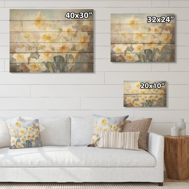 Charme minimaliste de jonquilles - fleurs, art mural sur bois de pin naturel, H 30 po x l 40 po