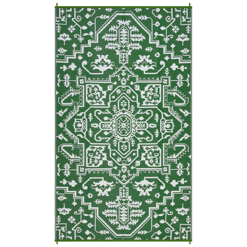 Reversible Outdoor Rug, 8' x 10', Waterproof Plastic with UV-Resistant Finish, Foldable with Stakes and Carry Bag for Patio, Deck, Camping or RV
