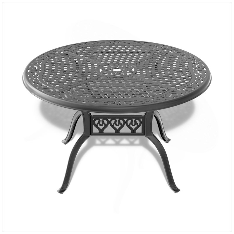 Table de salle à manger de 48 po en fonte d'aluminium avec cadre noir et trou pour parasol