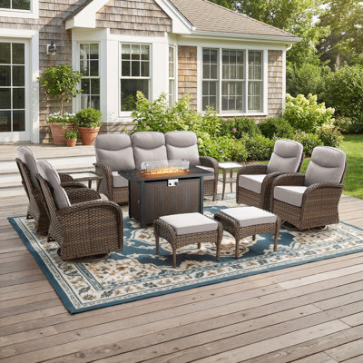 Ensemble de mobilier de jardin extérieur de 10 pièces avec table de foyer rectangulaire en métal et coussins de 6 po d'épaisseur
