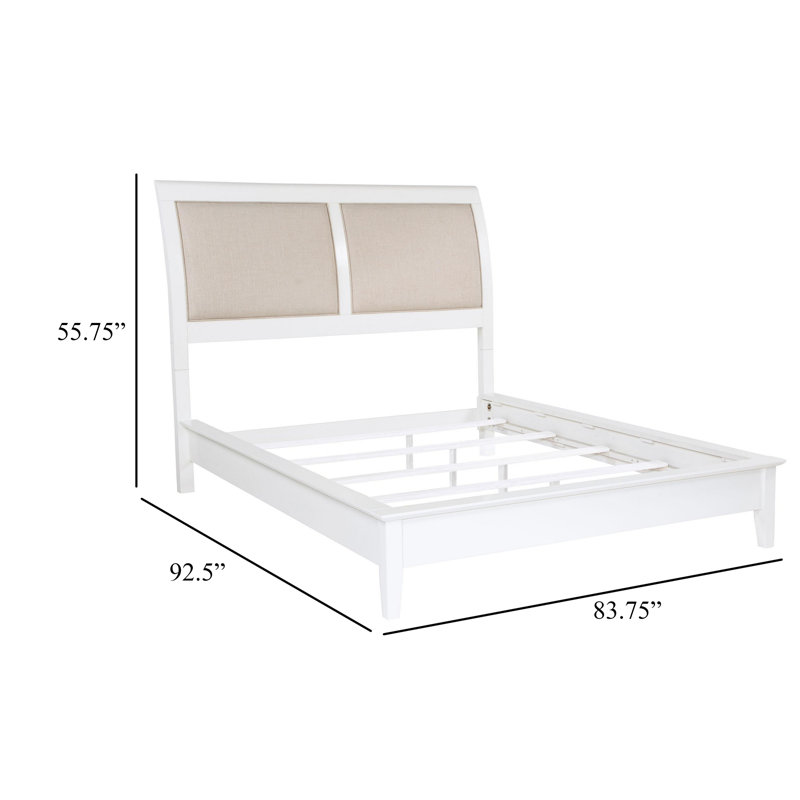 Lit Heo, tête de lit tapissier beige, bois blanc, Très grand lit