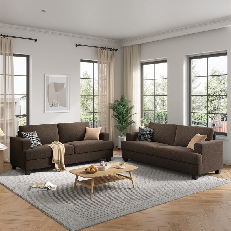 84.2" Upholstered Loveseat Sofa, Linen Fabric 2 Seater Couch For Apartment Living Room(set Of 2), Brown
