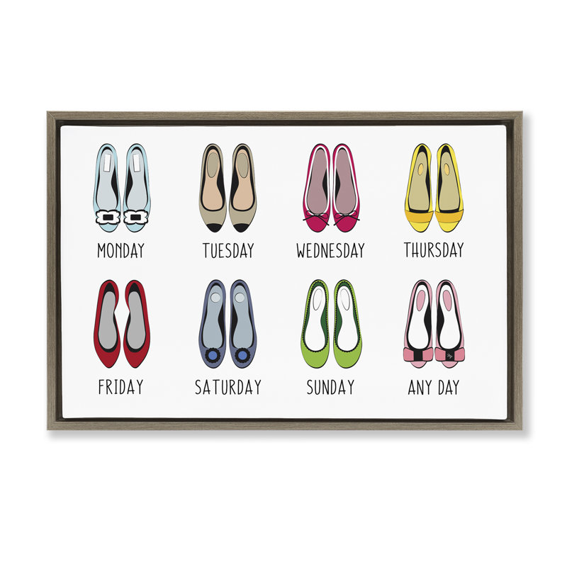 «Shoe Week Days», toile flottante encadrée grise par Martina Pavlova, Cadre flottant orme Montalcino, H 17 po x l 25 po