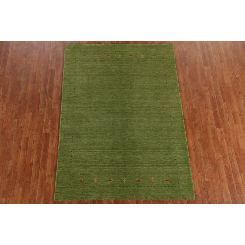Tapis vert en laine fabriqué à la main de style Gabbeh vert 5 x 8